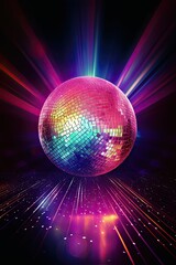Obraz premium Vertical image of a stunning disco ball with fantastic colorful lights and a vibrant background of colors. Generative AI