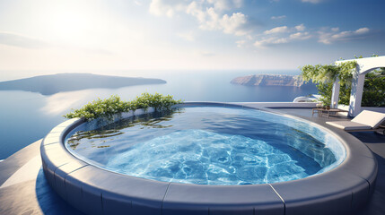 Fototapeta na wymiar Luxury swimming pool in santorini. 3d rendering, bright color. Generative Ai