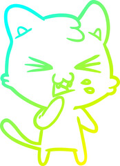 cold gradient line drawing of a cartoon cat hissing