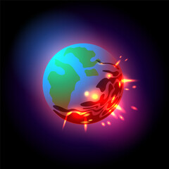 Comet exploding earth on dark starry sky background. Cartoon vector illustration