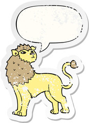 cartoon lion with speech bubble distressed distressed old sticker