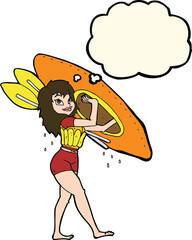 cartoon woman carrying canoe with thought bubble