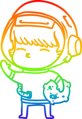 rainbow gradient line drawing of a cartoon curious astronaut carrying space rock