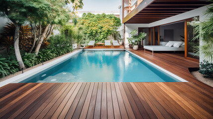 Swimming pool and decking in garden of luxury home, bright color. Generative Ai - obrazy, fototapety, plakaty