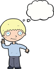 cartoon boy giving peace sign with thought bubble