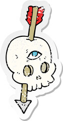 retro distressed sticker of a cartoon magic skull with arrow through brain