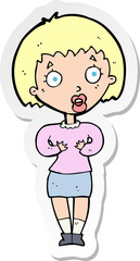 sticker of a cartoon woman making Who Me gesture