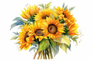Sunny Sunflower Bouquet watercolor illustration. Generative AI