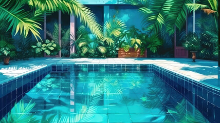 Fototapeta na wymiar Tropical swimming pool, bright color. Generative Ai