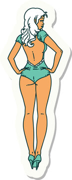 sticker of tattoo in traditional style of a pinup swimsuit girl