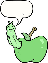 cartoon bug eating apple with speech bubble