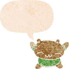 cartoon jumping bear with speech bubble in grunge distressed retro textured style