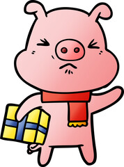 cartoon angry pig with christmas present