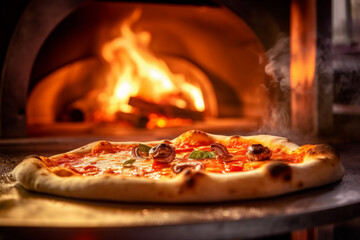 Making really Italian Pizza in the Traditional Firewood Stone Wood Fired Pizza Oven. AI Generative