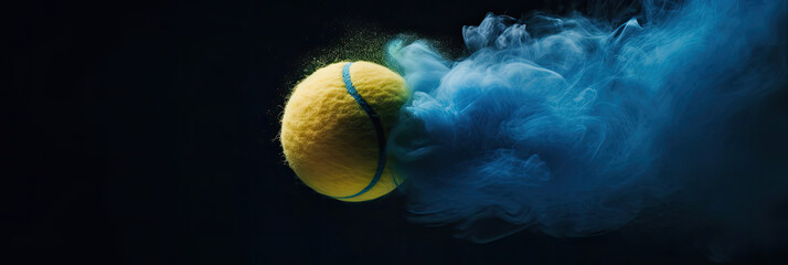 graphic tennis banner, illustration of a tennis ball surrounded by a vibrant cloud of blue smoke, blu and yellow contrast, AI - obrazy, fototapety, plakaty
