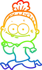 rainbow gradient line drawing of a cartoon happy old woman