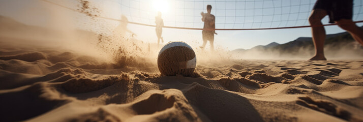 Wallpaper of people enjoying a game of beach volleyball in the sand, sunny day in summer, lens flare, perfect banner representing fun and sport on the beach, AI
