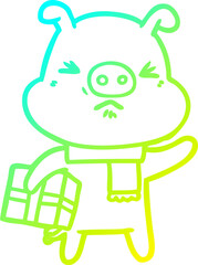 cold gradient line drawing of a cartoon angry pig with christmas present