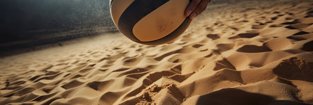 close-up of a hand playing beach volleyball in the sand with a colorful beach ball, perfect banner for your text, AI