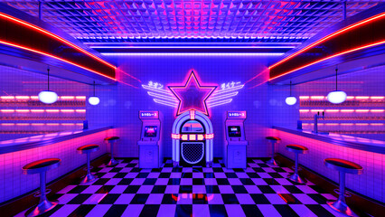 Retro diner interior with tile floor, jukebox, neon illumination, vintage arcade machine and bar stools. 3d illustration.