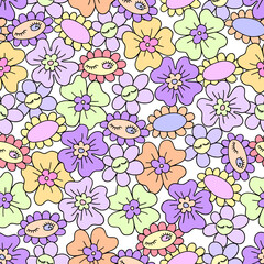 Retro floral seamless pattern with Groovy Daisy flower daisies on white background. Vector illustration. Abstract aesthetic modern art for wallpaper, design, textile, packaging, decor.