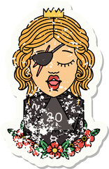 grunge sticker of a human rogue with natural twenty dice roll
