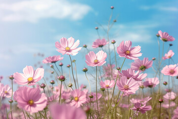 Pink cosmos flowers in a field on a sunny day