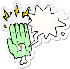 spooky halloween zombie hand with speech bubble distressed distressed old sticker