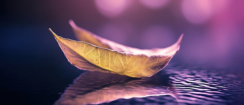 Skeletonized leaf in form of small boat with reflection in wet surface in nature. Artistic natural image in purple and magenta colors with bokeh