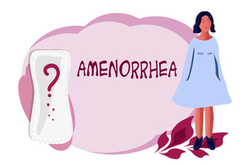 Vector background with a woman concerned about amenorrhea, absence of menstrual periods, menstruation absorbent element with question mark.