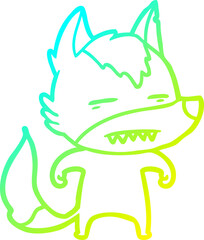 cold gradient line drawing of a cartoon wolf showing teeth