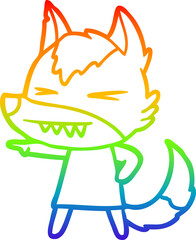 rainbow gradient line drawing of a angry wolf cartoon