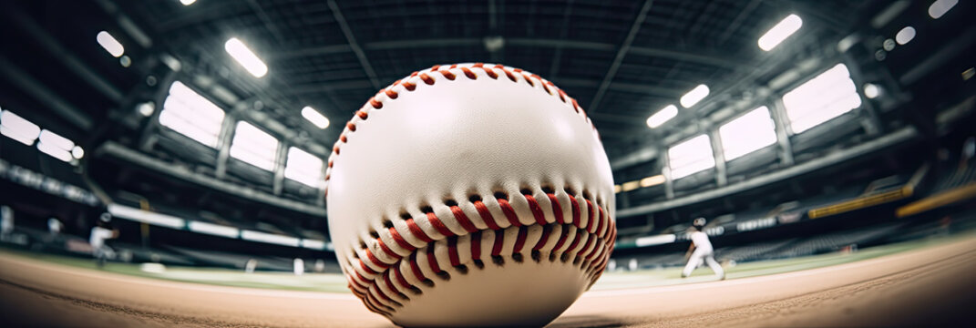 extreme close-up of a baseball on a baseball field, capturing the essence of the sport in a stadium, realistic panorama banner, AI