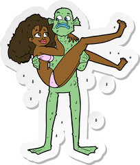 sticker of a cartoon swamp monster carrying woman in bikini