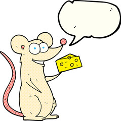 freehand drawn comic book speech bubble cartoon mouse with cheese