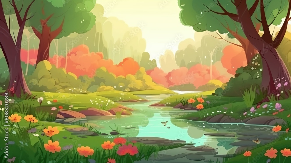 Poster abstract background forest with river. an enchanting illustration of a forest with a flowing river, 