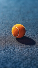 Illustration of a tennis ball on a blue tennis court, ready for a game, 3D render, contrast, vertical banner, AI