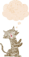 cartoon cat with thought bubble in grunge distressed retro textured style