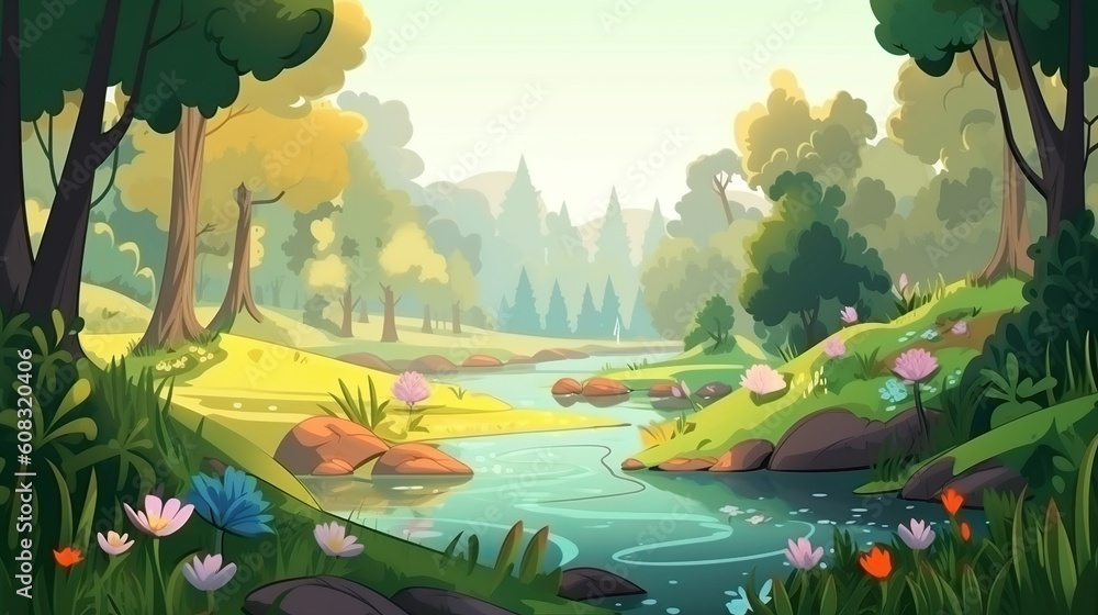 Poster abstract background forest with river. depiction of the serenity of the forest and the gentle flow o