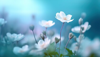 Spring forest white flowers primroses on a beautiful blue background. Macro. Blurred gentle sky-blue background. Floral background desktop wallpaper a postcard. Romantic soft gentle artistic image