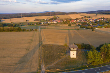 Bird's-eye view of the Limes Tower near Idstein/Germany in Hesse at sunset