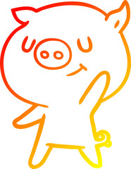 warm gradient line drawing of a happy cartoon pig waving