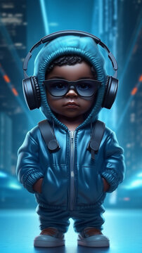 Illustration of a funny toddler in the style of rappers, wearing headphones listens to music - ai generative