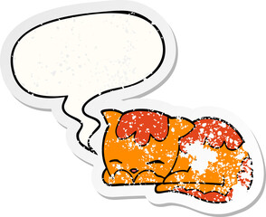 cartoon cat sleeping with speech bubble distressed distressed old sticker