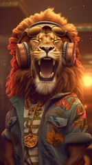 Illustration of a funny lion in the style of rappers, wearing headphones listens to music - ai generative