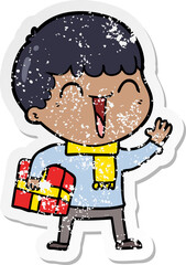 distressed sticker of a cartoon happy man