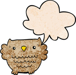 cartoon owl with speech bubble in retro texture style