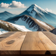Selective focus, Wood table top on soft focus peak of mountain background. For montage product display. generative ai. - 608321091