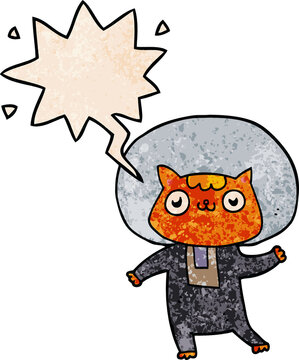 cartoon space cat with speech bubble in retro texture style