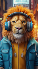 Illustration of a funny lion in the style of rappers, wearing headphones listens to music - ai generative